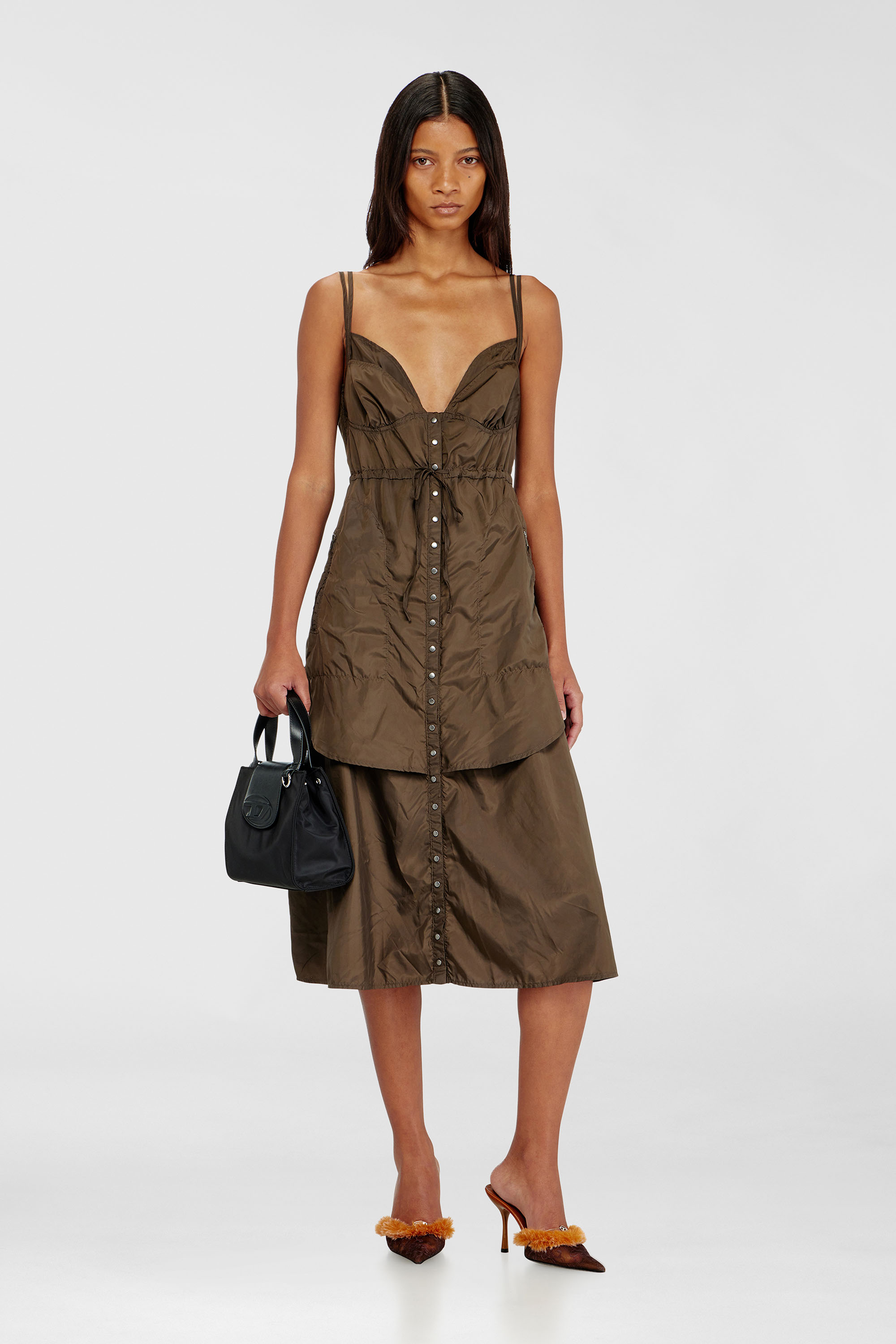 Diesel - D-OROTEA-T1, Woman's Lightweight nylon dress with layered design in Brown - 1