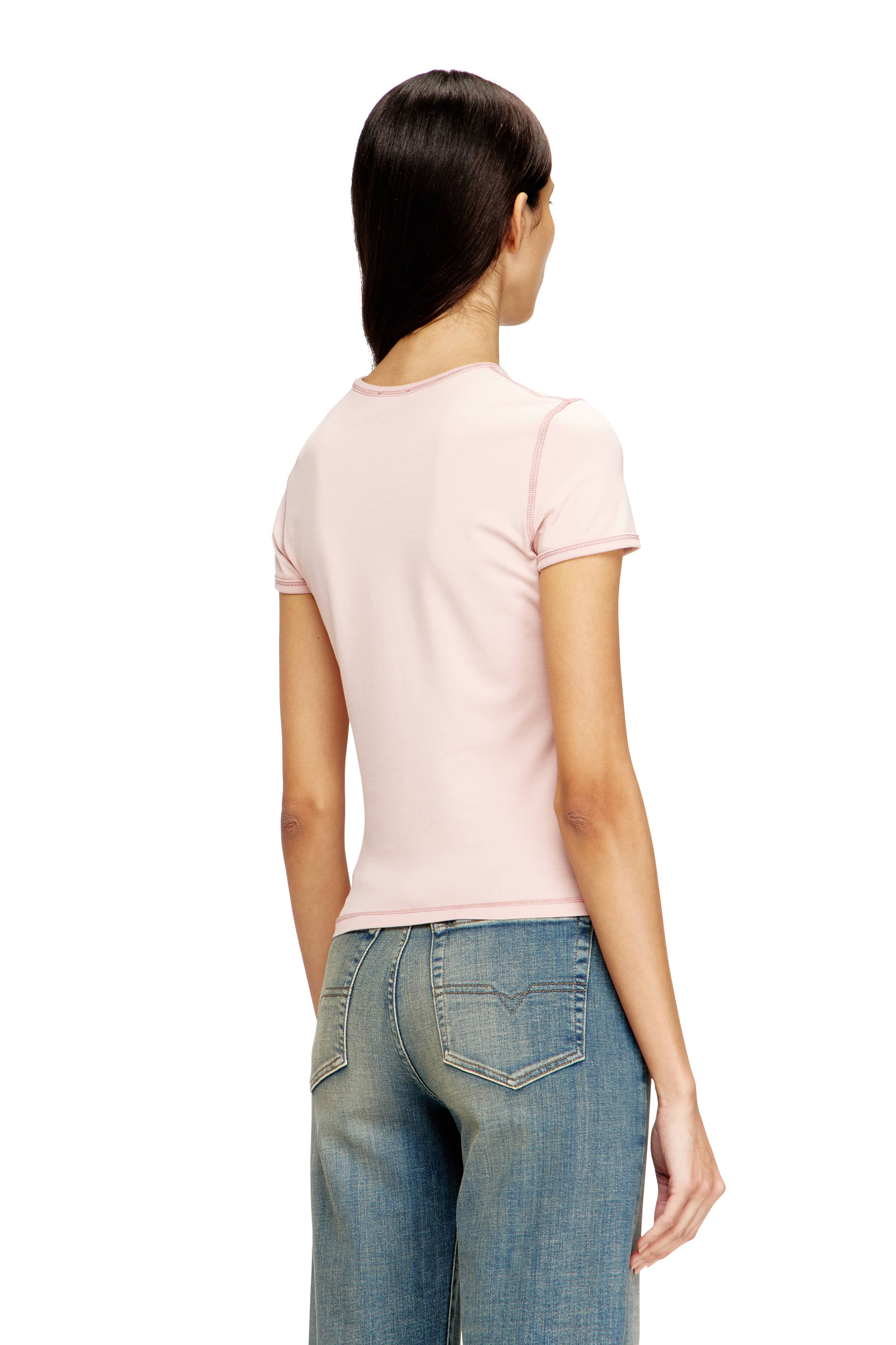 Diesel - T-UNCUTIES-LONG-S5, Woman's Slim T-shirt with heart print and studs in Pink - 4
