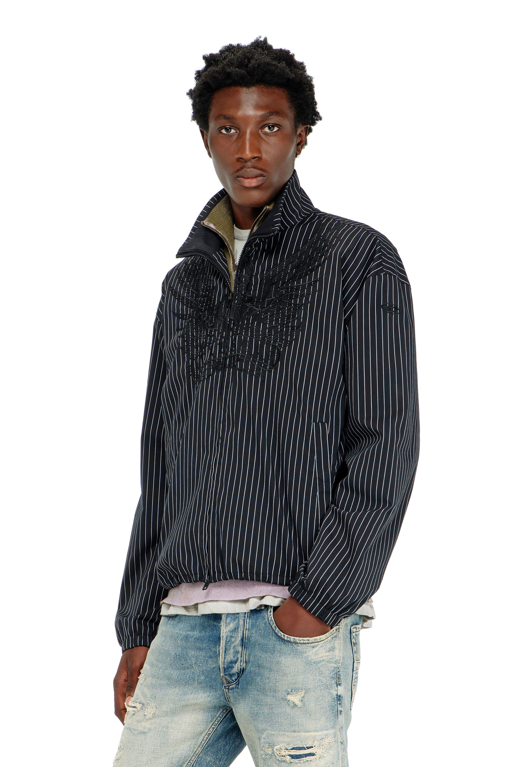Diesel - J-CORSAR-NJCA, Man's Nylon pinstripe Jacket with Phoenix embroidery in Black - 1