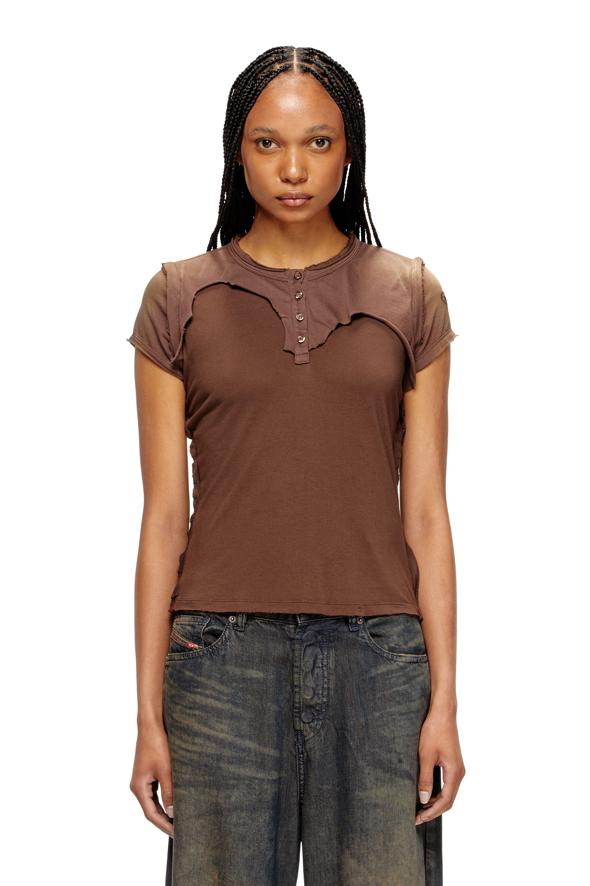 Diesel - T-UNRAWY, Woman's Henley T-shirt with peel-off effect in Brown - 1