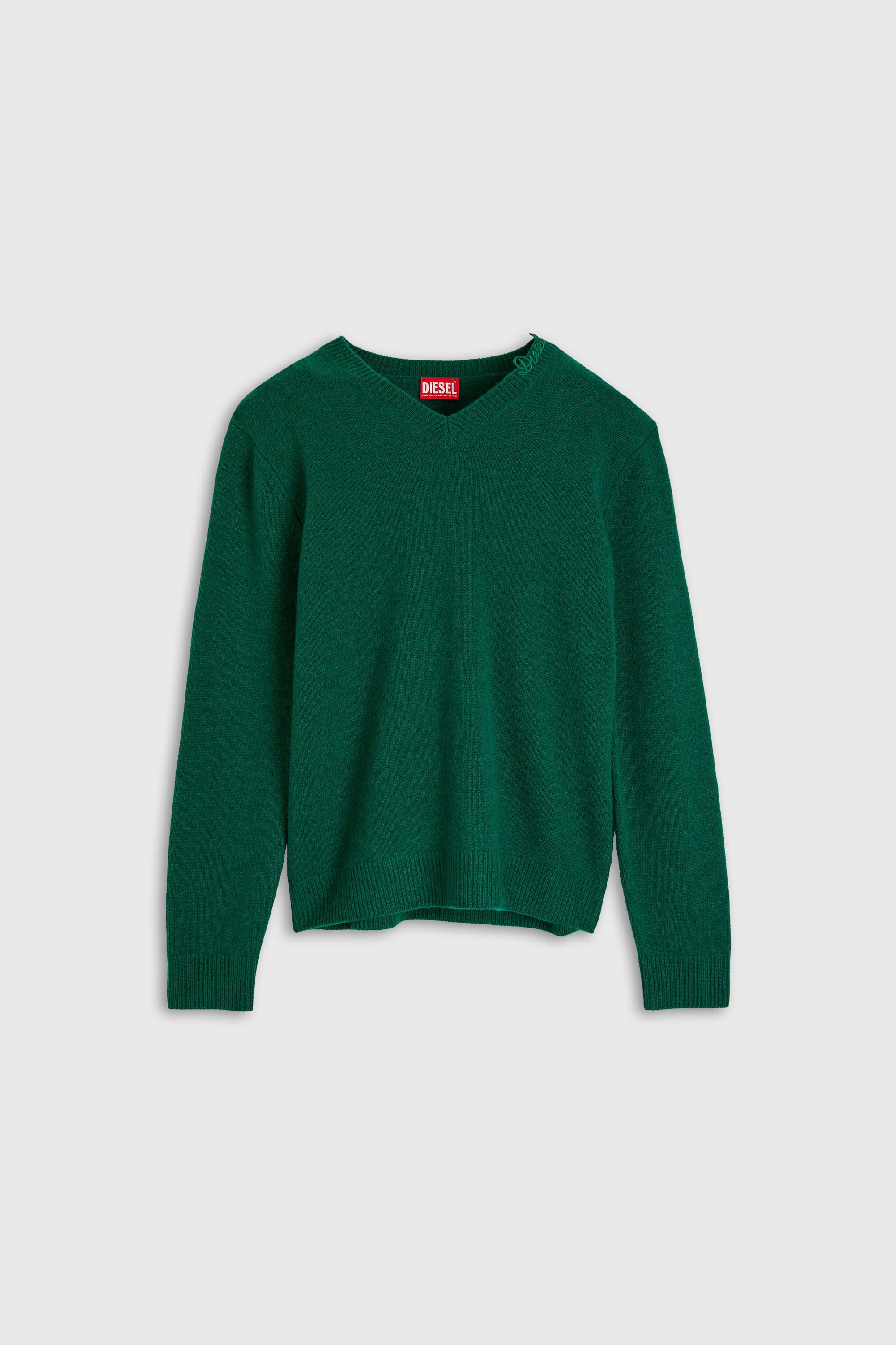 Diesel - K-IMER, Man's Wool V-neck jumper with neck logo in Green - 2