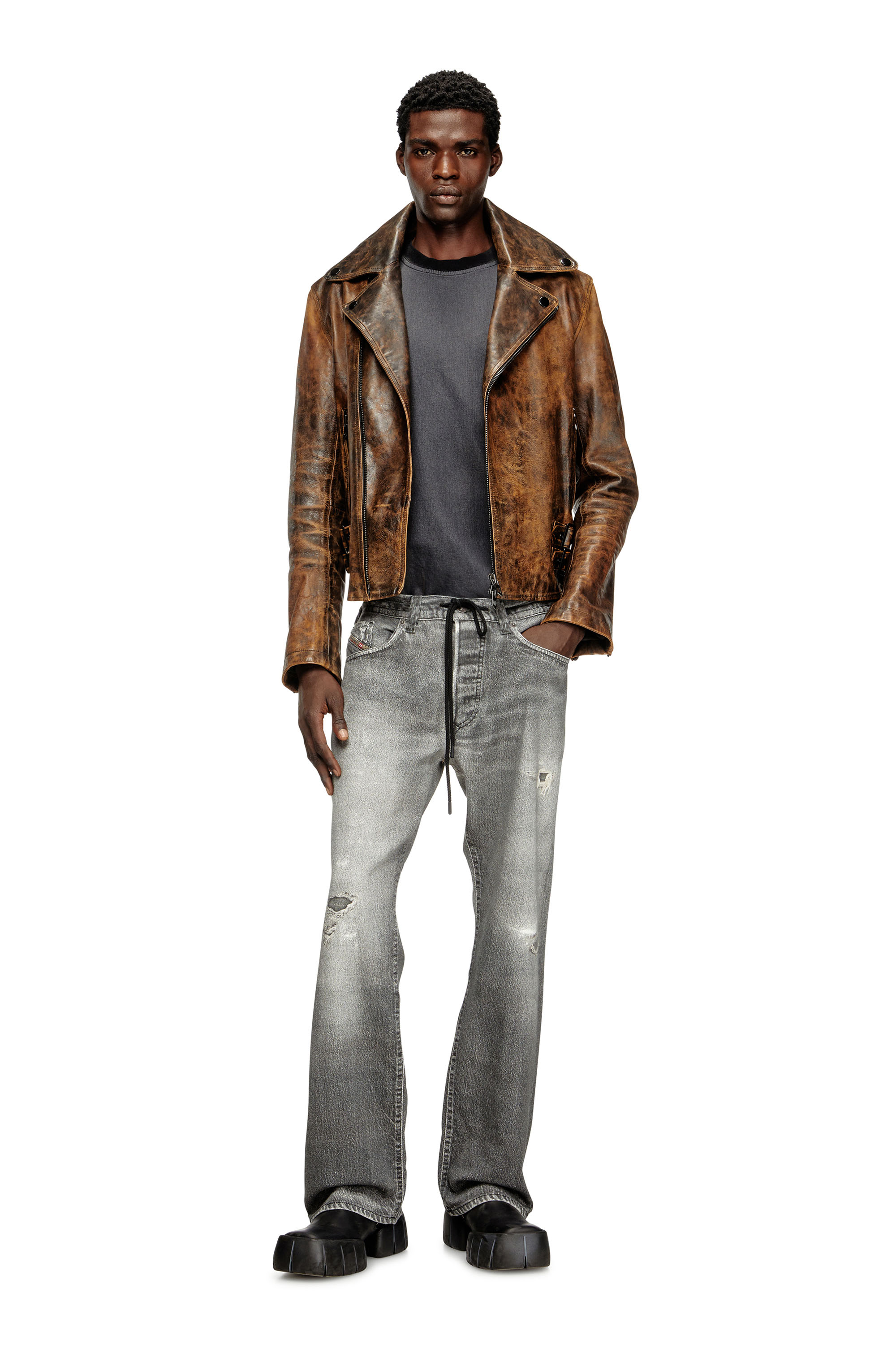 Diesel - L-EON, Man's Biker jacket in treated leather in Brown - 1