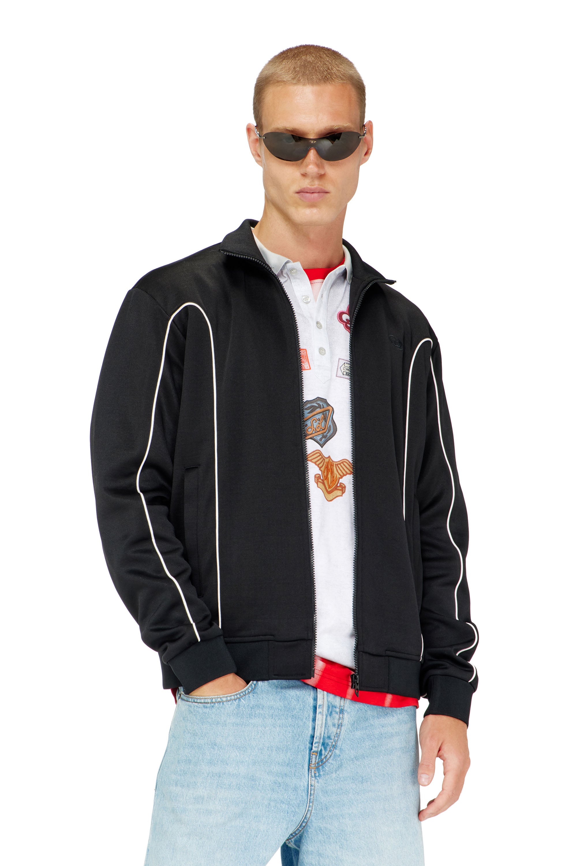 Diesel - S-LOCKING-DO, Man's Sweat fabric track jacket with contrast piping in Black - 3