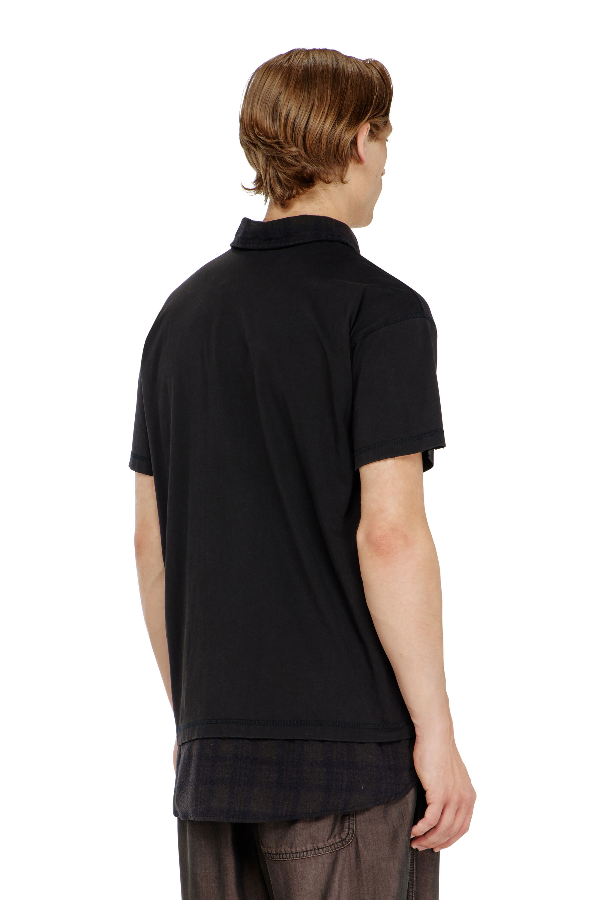 Diesel - T-ANSEL, Man's Jersey polo shirt with check flannel trims in Black - 4
