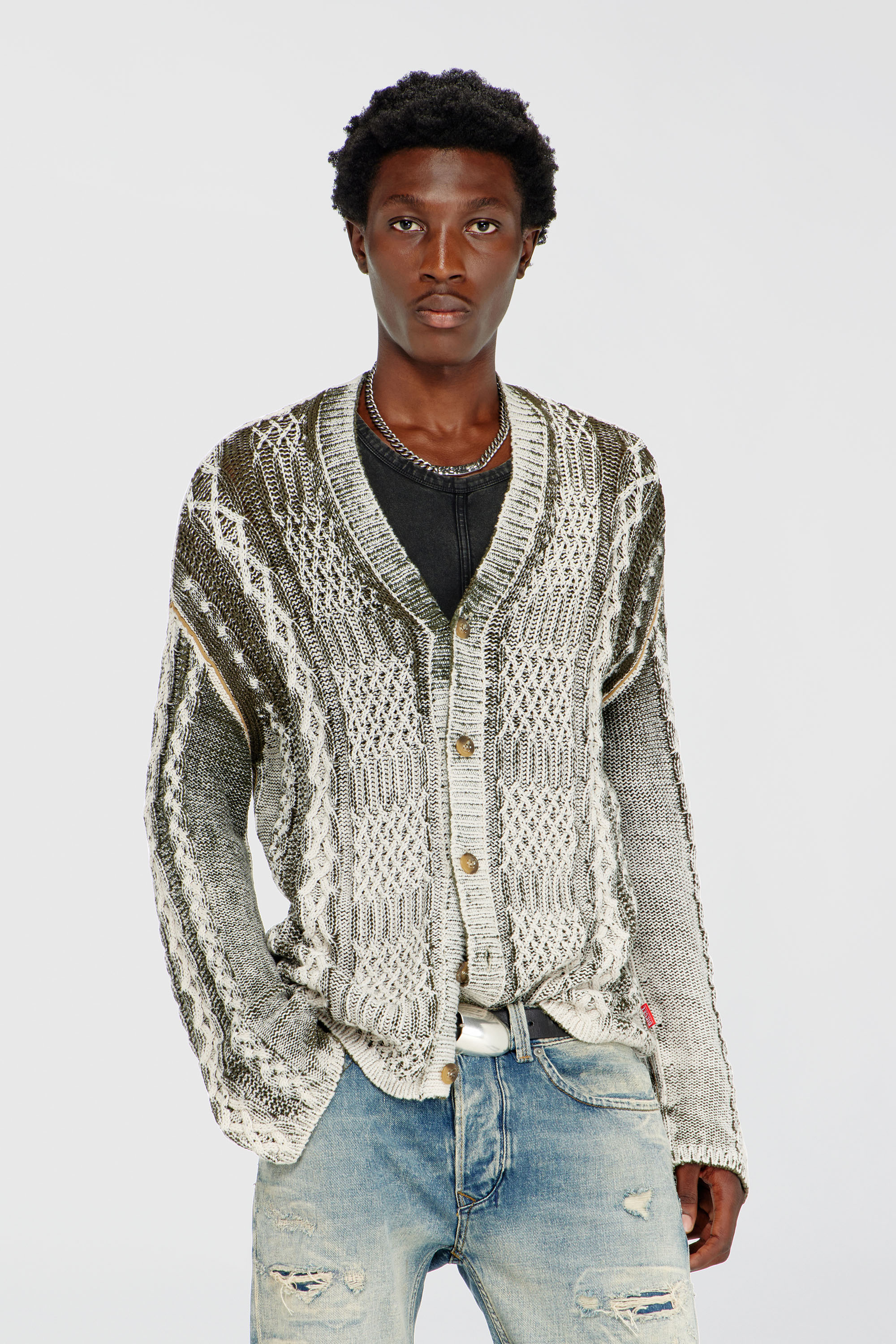 Diesel - K-MIOTO, Man's Treated cable-knit cardigan in White/Grey - 3