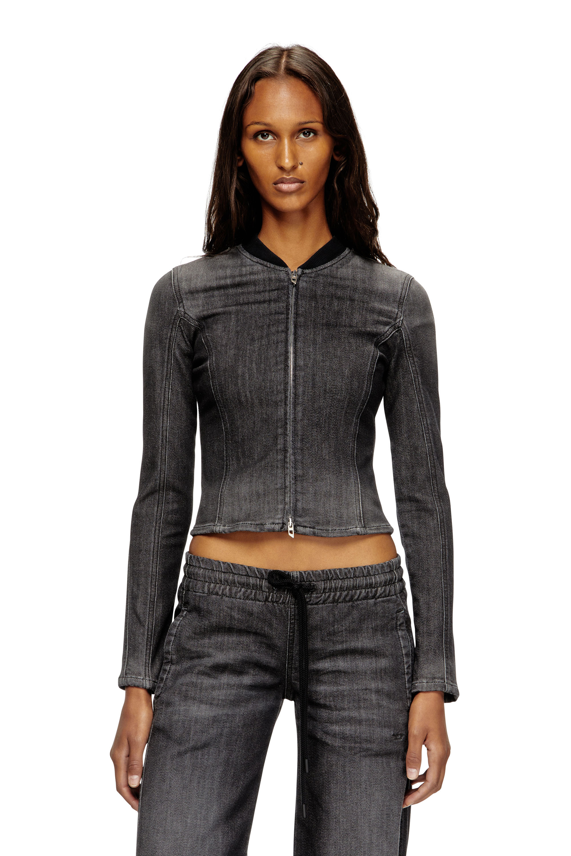 Diesel - DE-GARY-D JOGG, Woman's Cropped jacket in monochrome denim in Black - 1