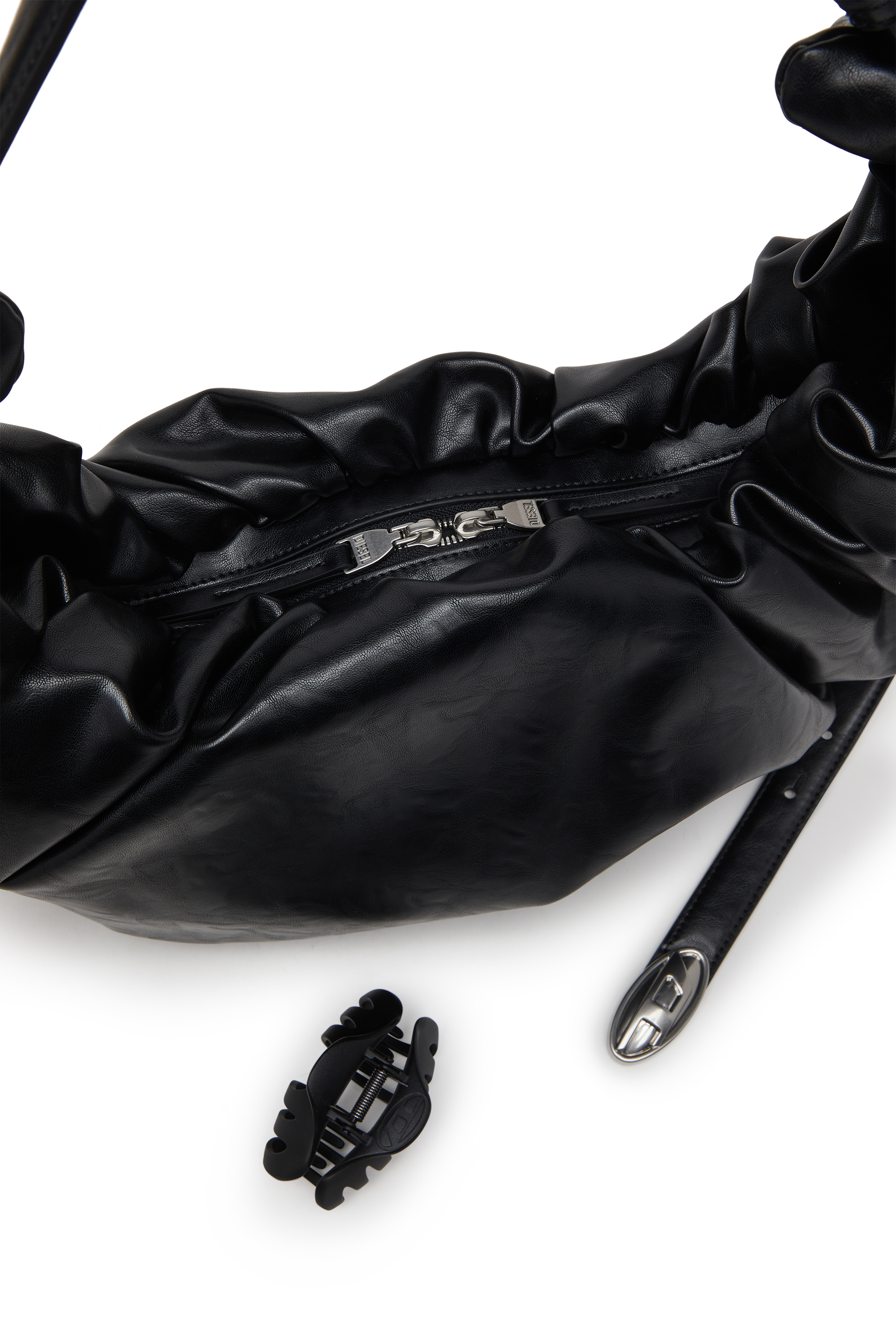 Diesel - GRAB-D HOBO L, Woman's Grab-D L-Large scrunched hobo bag in shiny PU in Black - 5