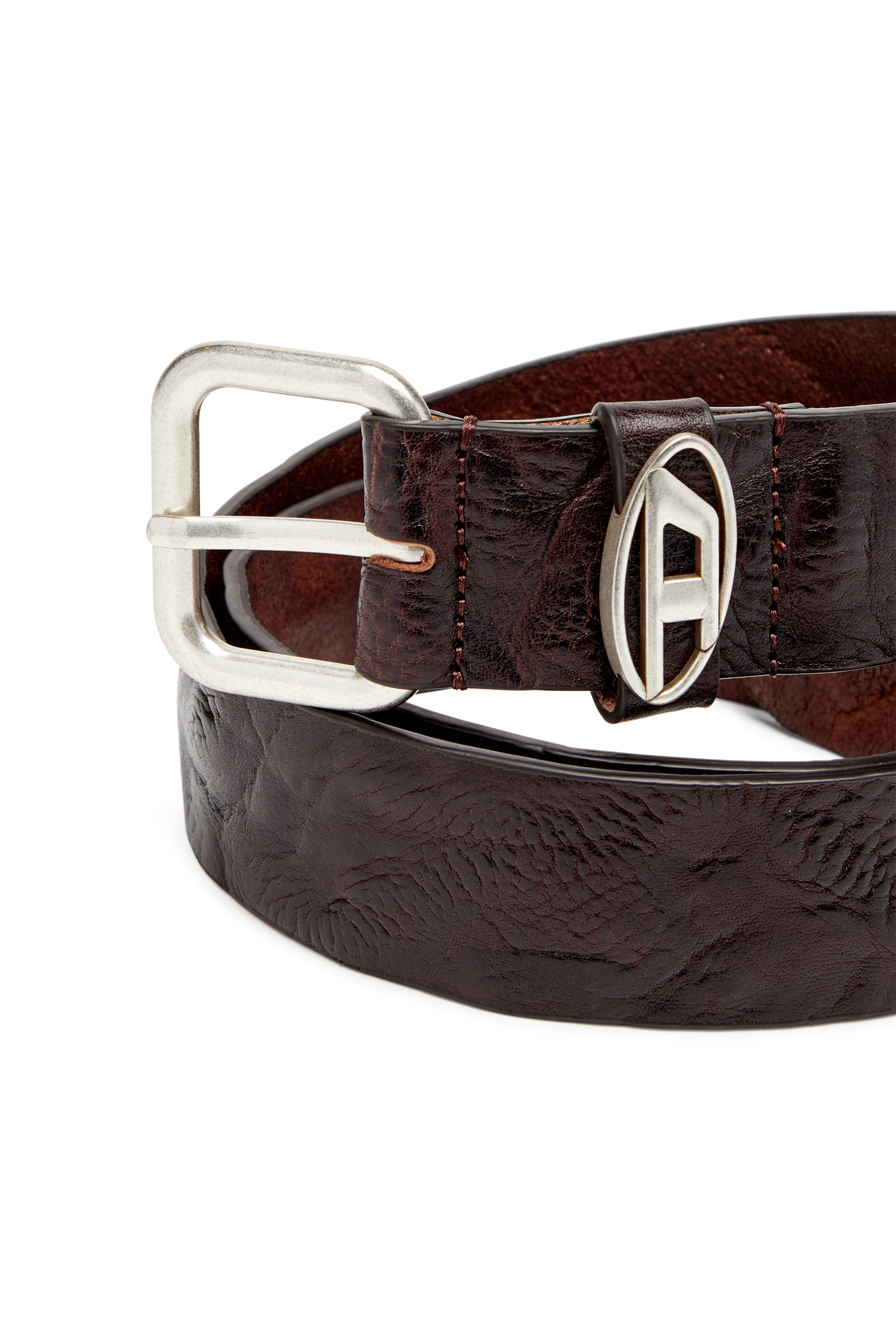 Diesel - B-1DR OVAL D LOOP, Unisex's 3.9cm logo-plaque wrinkled leather belt in Dark Brown - 3